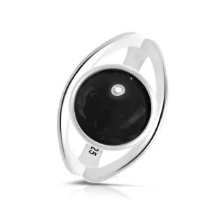 Classic Simple Plain Round Natural Black Agate Stone Ring,925 Sterling Silver Real Quartz Crystal Gemstone Statement Ring for Women Her (A13_Black Agate, 6)
