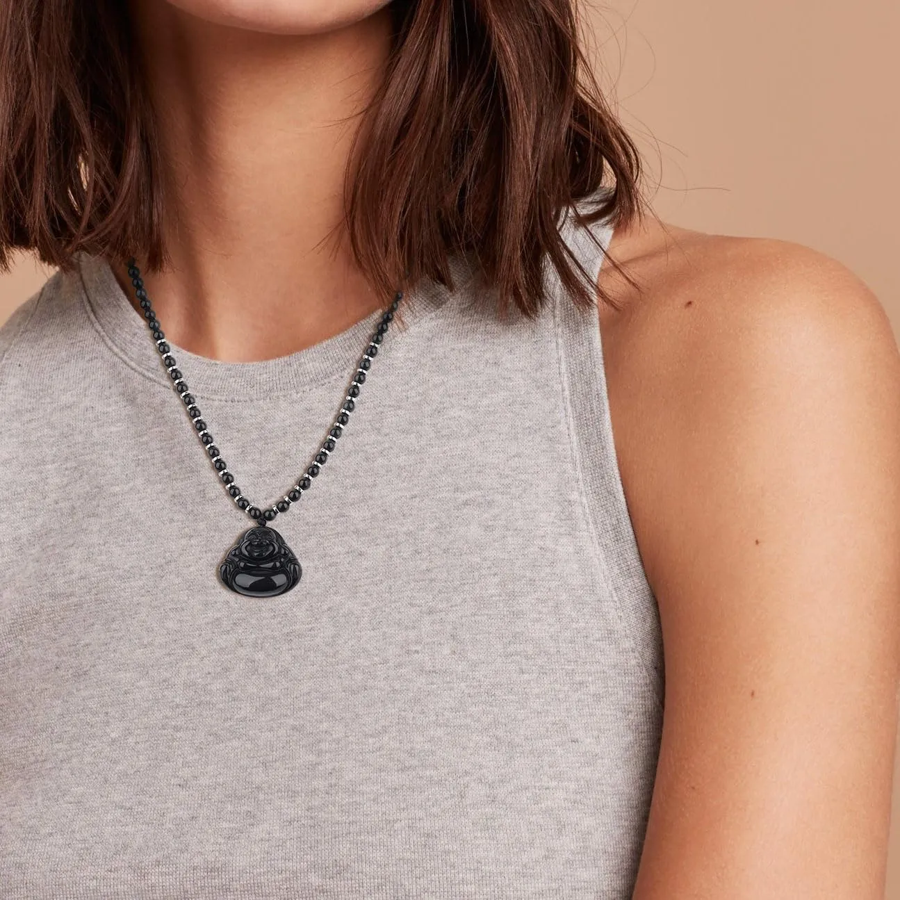COAI Buddha Prayer Necklace, Tiger Eye/Black Obsidian Beaded Necklace for Men Women