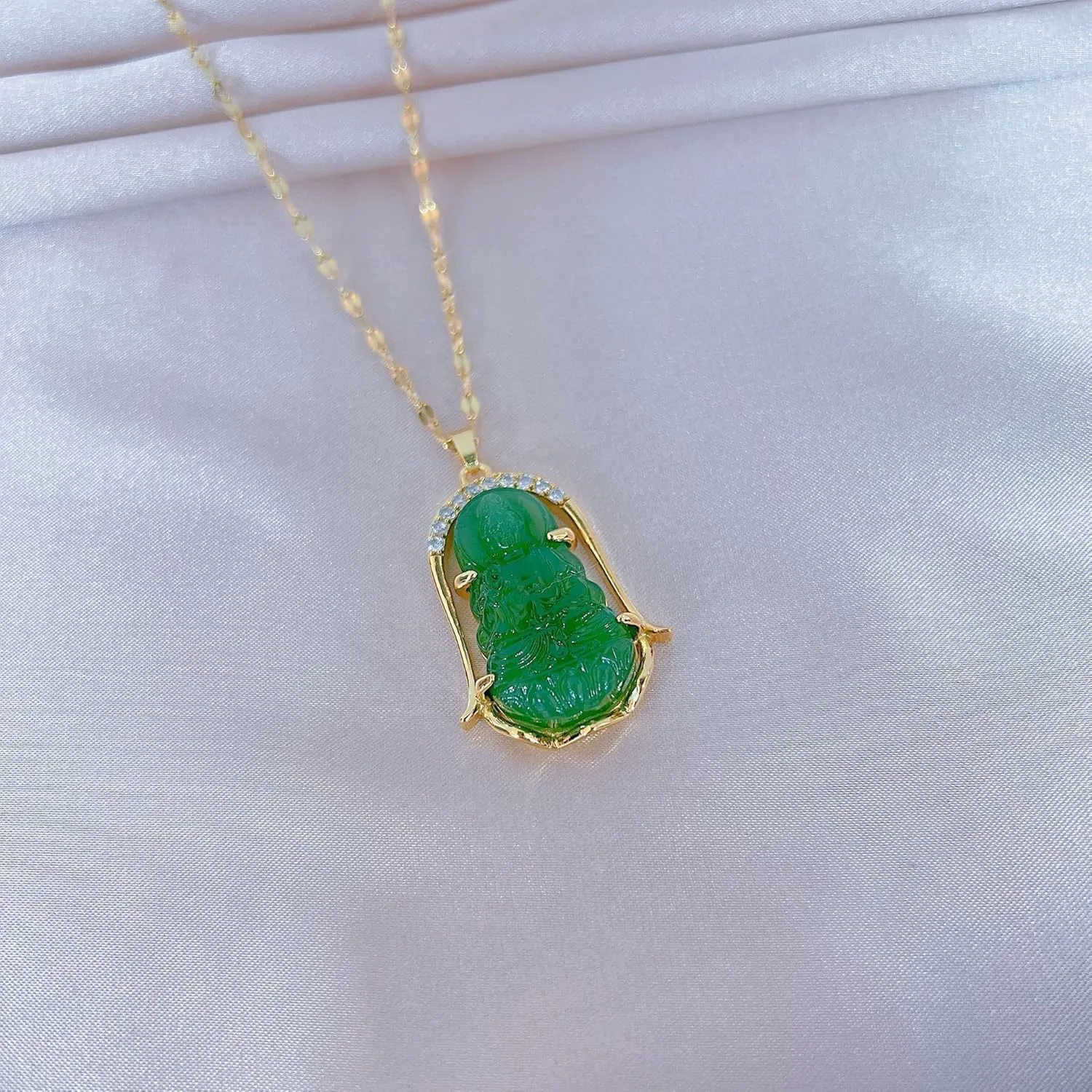 COLORFUL BLING 18k Gold Plated Laughing Buddha Pendant Necklace Green Jade Cubic Zirconia Gemstone Lucky Amulet Jewelry for Women Men