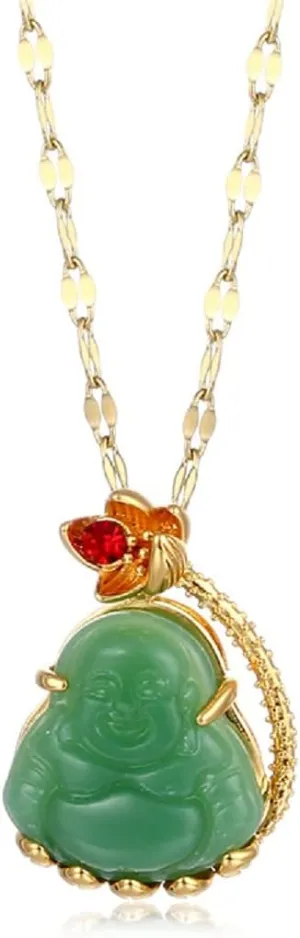 COLORFUL BLING 18k Gold Plated Laughing Buddha Pendant Necklace Green Jade Cubic Zirconia Gemstone Lucky Amulet Jewelry for Women Men
