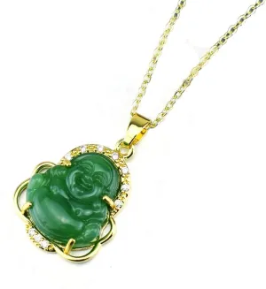 COLORFUL BLING 18k Gold Plated Laughing Buddha Pendant Necklace Green Jade Cubic Zirconia Gemstone Lucky Amulet Jewelry for Women Men