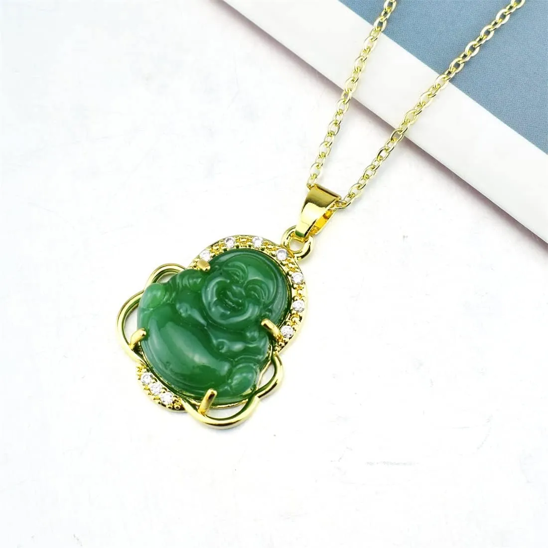 COLORFUL BLING 18k Gold Plated Laughing Buddha Pendant Necklace Green Jade Cubic Zirconia Gemstone Lucky Amulet Jewelry for Women Men