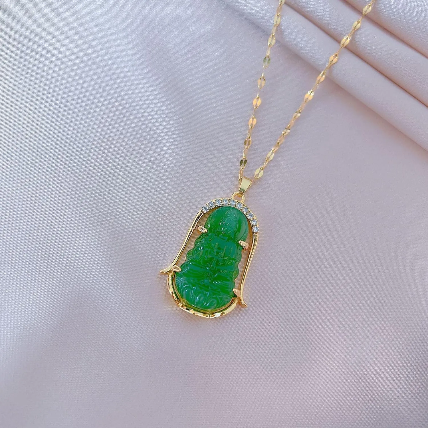 COLORFUL BLING 18k Gold Plated Laughing Buddha Pendant Necklace Green Jade Cubic Zirconia Gemstone Lucky Amulet Jewelry for Women Men