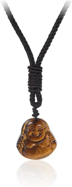 COLORFUL BLING Lucky Tiger Eye Stone Laughing Buddha Pendant Necklace Amulet Talisman Protection Natural Healing Carved Gemstone Rope Chain for Women Men Spiritual Jewelry