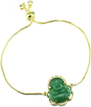 COLORFUL BLING Natural Jade Stone Laughing Buddha Link Bracelet Pendant 18K Gold Plated Cubic Zirconia Crystal Adjustable Lucky Gemstone Amulet Protection Jewelry for Women Men