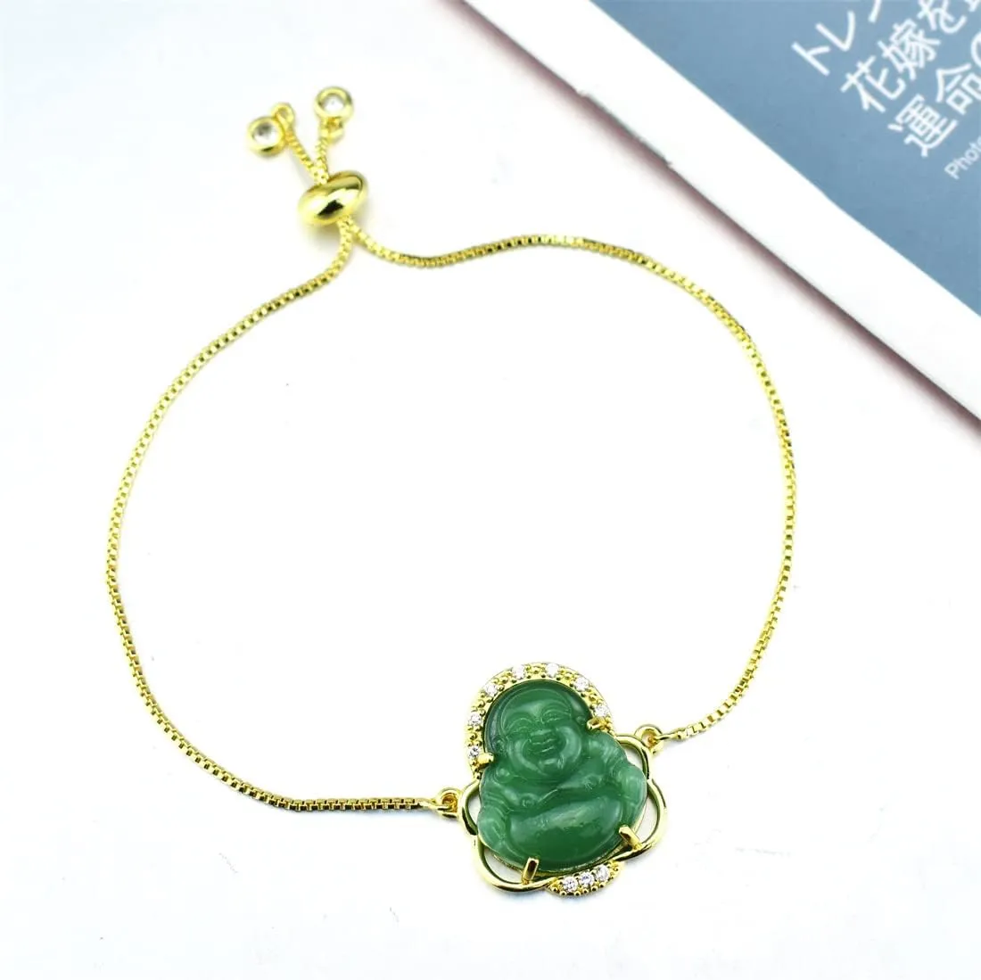 COLORFUL BLING Natural Jade Stone Laughing Buddha Link Bracelet Pendant 18K Gold Plated Cubic Zirconia Crystal Adjustable Lucky Gemstone Amulet Protection Jewelry for Women Men