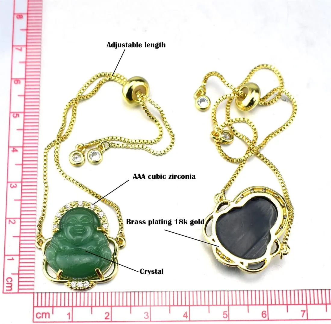 COLORFUL BLING Natural Jade Stone Laughing Buddha Link Bracelet Pendant 18K Gold Plated Cubic Zirconia Crystal Adjustable Lucky Gemstone Amulet Protection Jewelry for Women Men