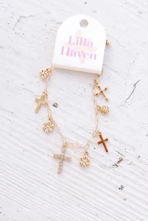 Cross and Floral Pendants Charm Bracelet