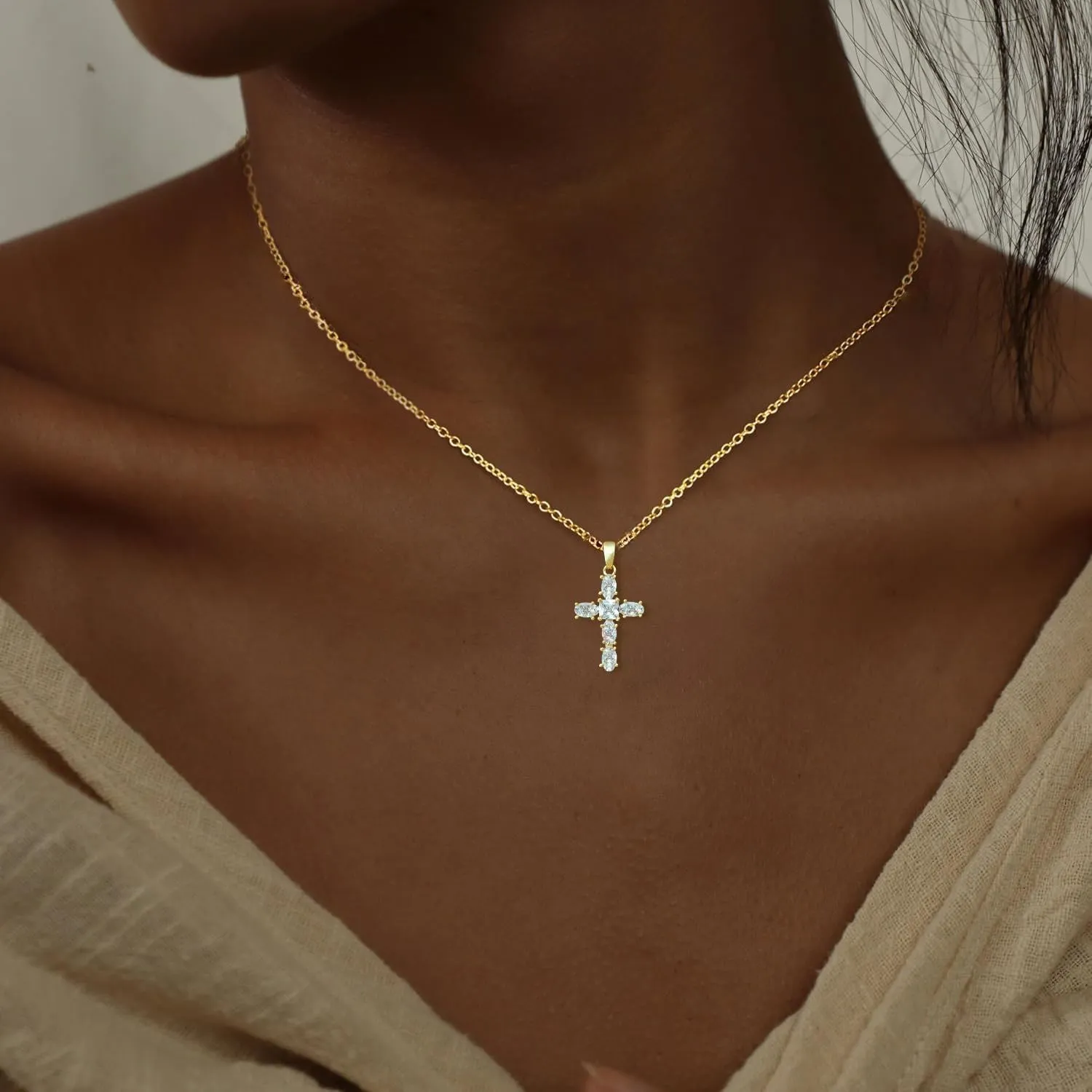 Cross Necklace for Women, 14k Gold Cross Necklaces for Women Trendy Dainty Gold Necklace Pearl Diamond Cross Pendant Necklaces Religious Christian Baptism Faith Jewelry for Woman