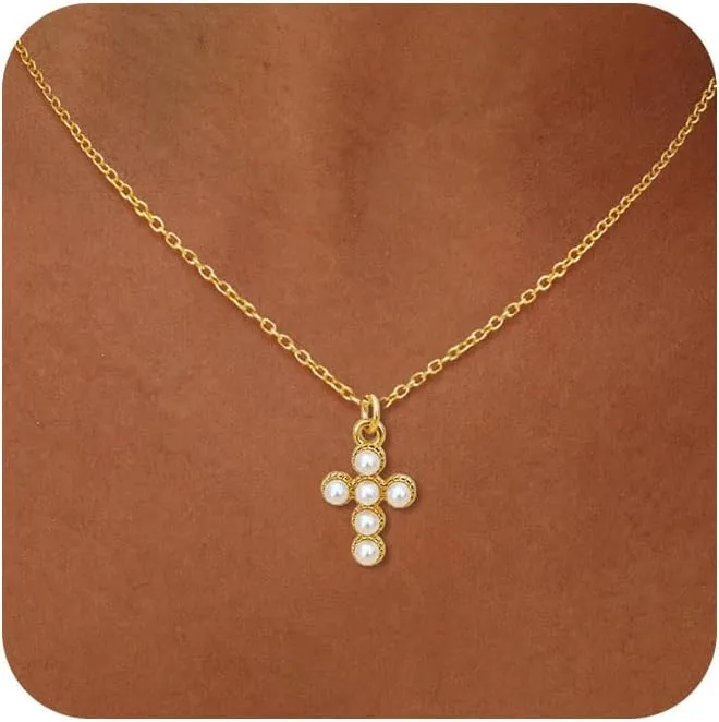 Cross Necklace for Women, 14k Gold Cross Necklaces for Women Trendy Dainty Gold Necklace Pearl Diamond Cross Pendant Necklaces Religious Christian Baptism Faith Jewelry for Woman