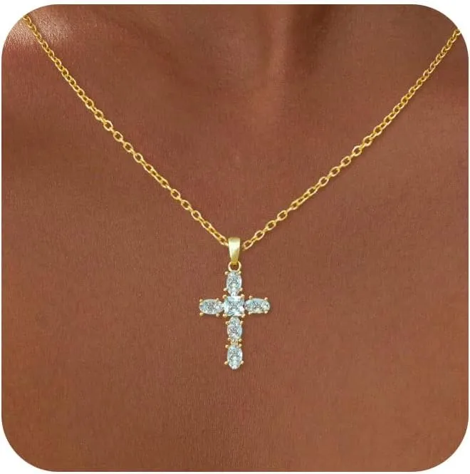 Cross Necklace for Women, 14k Gold Cross Necklaces for Women Trendy Dainty Gold Necklace Pearl Diamond Cross Pendant Necklaces Religious Christian Baptism Faith Jewelry for Woman