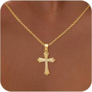 Cross Necklace for Women, 14k Gold Cross Necklaces for Women Trendy Dainty Gold Necklace Pearl Diamond Cross Pendant Necklaces Religious Christian Baptism Faith Jewelry for Woman