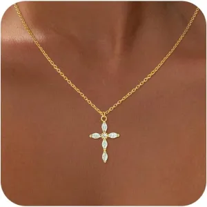 Cross Necklace for Women, 14k Gold Cross Necklaces for Women Trendy Dainty Gold Necklace Pearl Diamond Cross Pendant Necklaces Religious Christian Baptism Faith Jewelry for Woman
