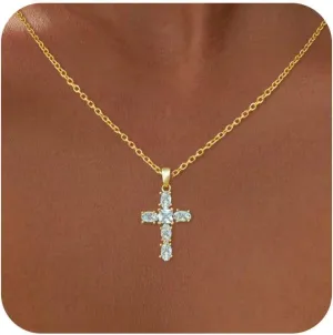 Cross Necklace for Women, 14k Gold Cross Necklaces for Women Trendy Dainty Gold Necklace Pearl Diamond Cross Pendant Necklaces Religious Christian Baptism Faith Jewelry for Woman