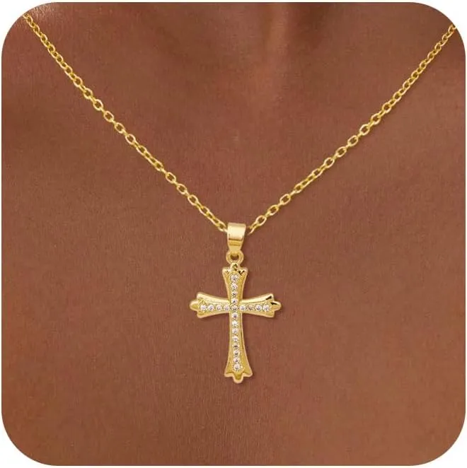 Cross Necklace for Women, 14k Gold Cross Necklaces for Women Trendy Dainty Gold Necklace Pearl Diamond Cross Pendant Necklaces Religious Christian Baptism Faith Jewelry for Woman