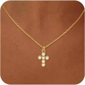 Cross Necklace for Women, 14k Gold Cross Necklaces for Women Trendy Dainty Gold Necklace Pearl Diamond Cross Pendant Necklaces Religious Christian Baptism Faith Jewelry for Woman