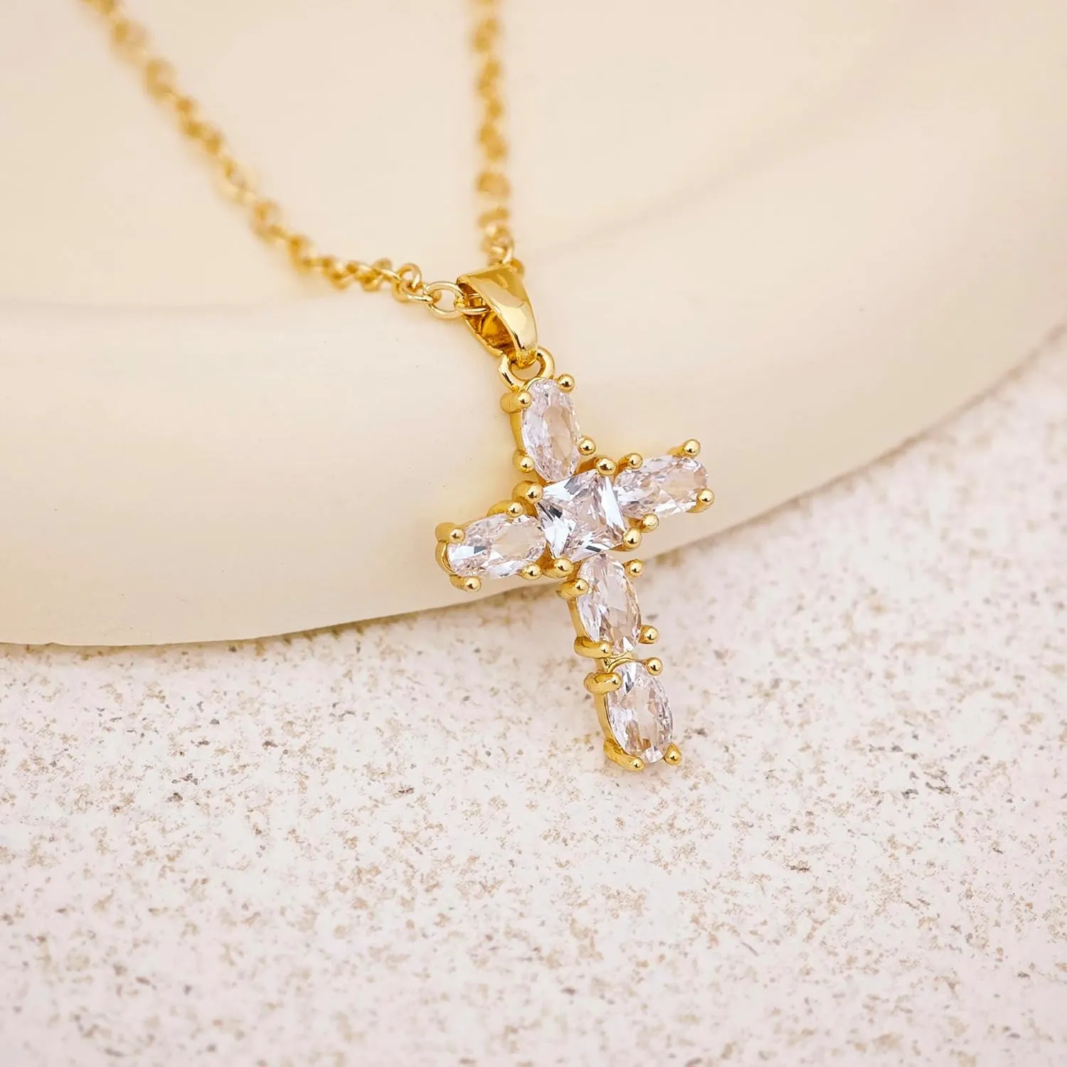 Cross Necklace for Women, 14k Gold Cross Necklaces for Women Trendy Dainty Gold Necklace Pearl Diamond Cross Pendant Necklaces Religious Christian Baptism Faith Jewelry for Woman