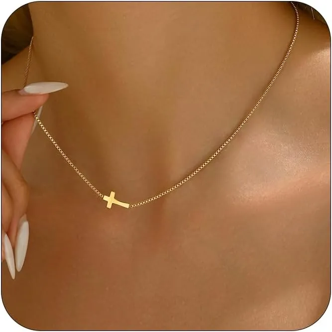 Cross Necklace for Women 18K Gold Plated Dainty Tiny Sideways Cross Choker Necklace Adjustable Stainless Steel Trendy Faith Jewelry