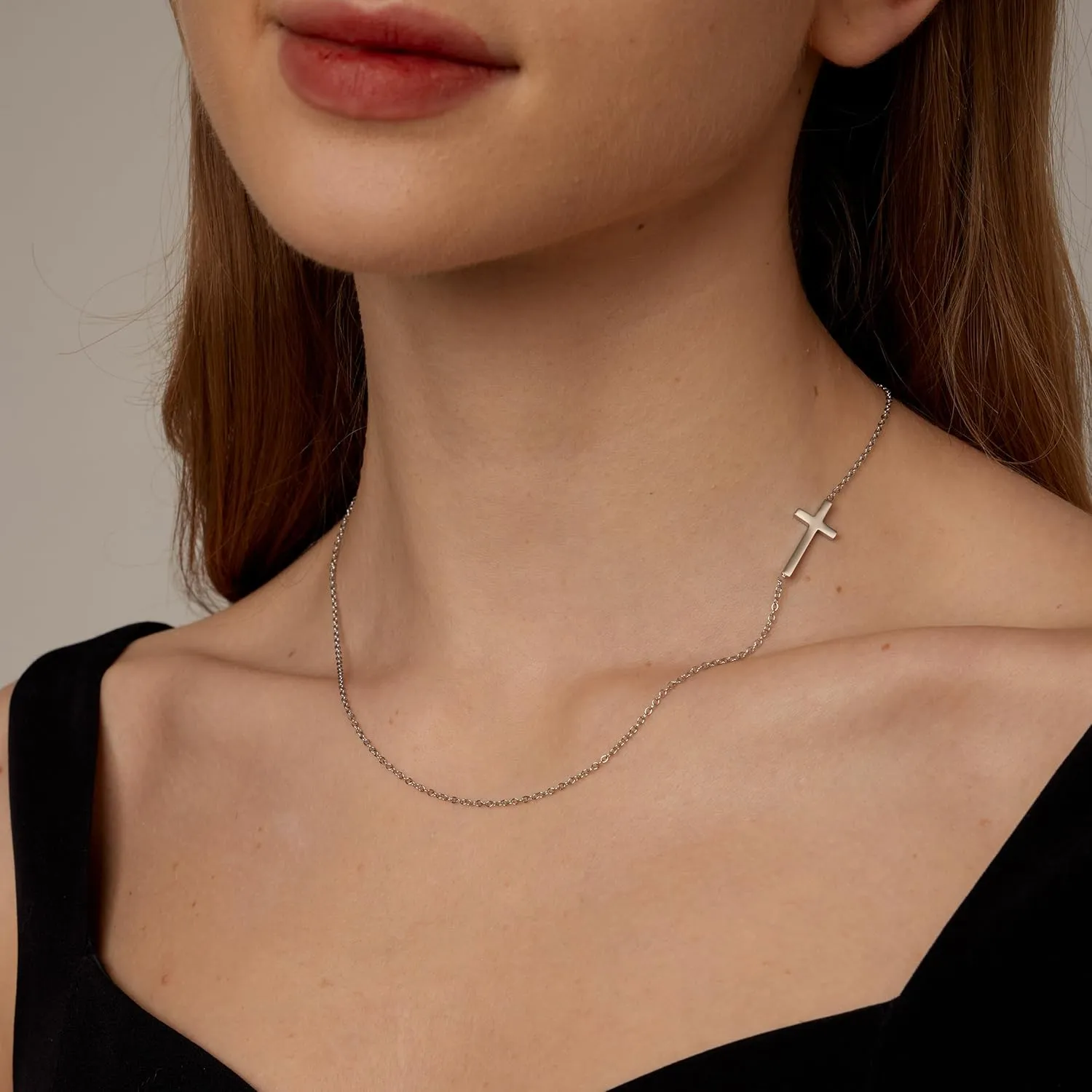 Cross Necklace for Women 18K Gold Plated Dainty Tiny Sideways Cross Choker Necklace Adjustable Stainless Steel Trendy Faith Jewelry