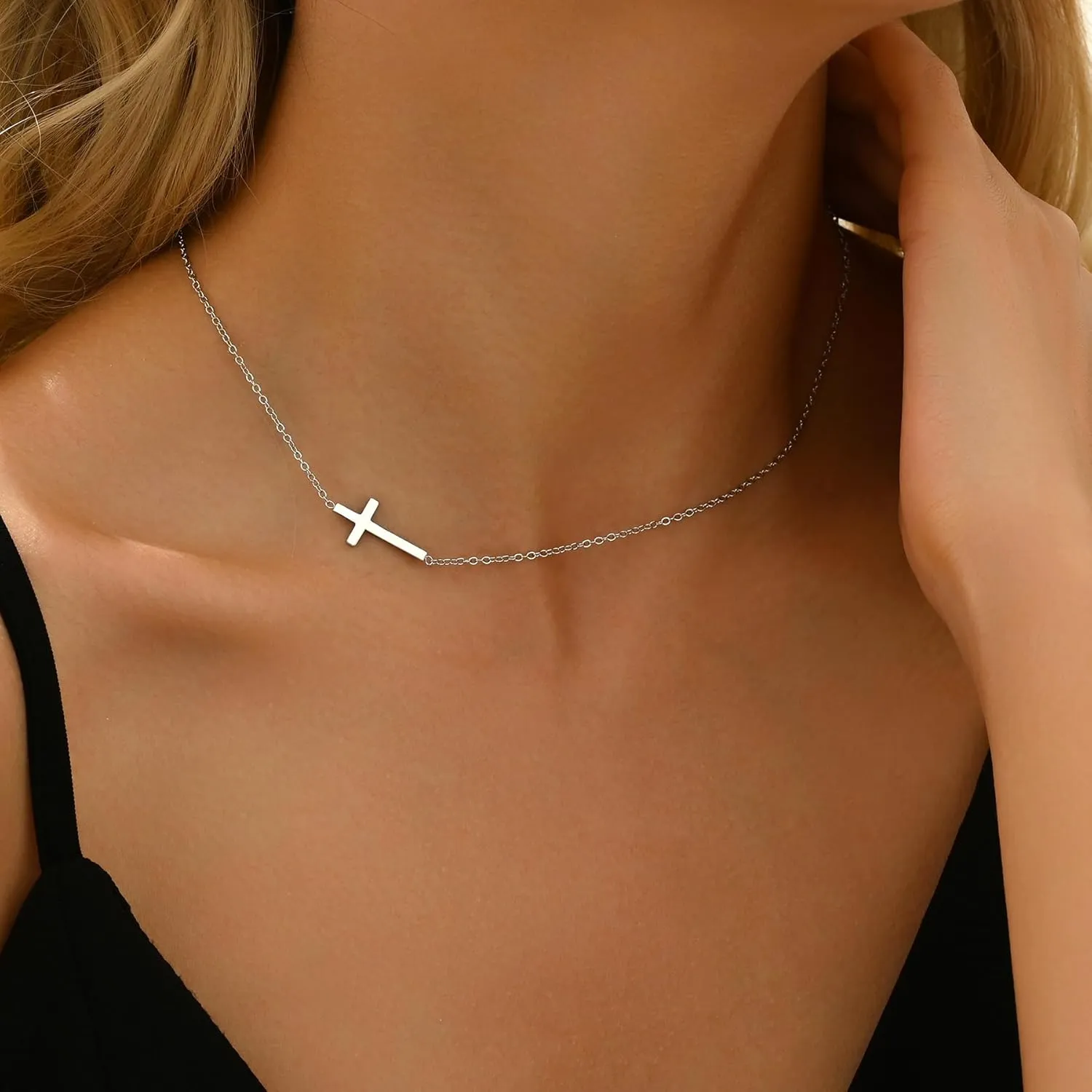 Cross Necklace for Women 18K Gold Plated Dainty Tiny Sideways Cross Choker Necklace Adjustable Stainless Steel Trendy Faith Jewelry