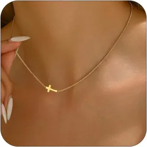 Cross Necklace for Women 18K Gold Plated Dainty Tiny Sideways Cross Choker Necklace Adjustable Stainless Steel Trendy Faith Jewelry