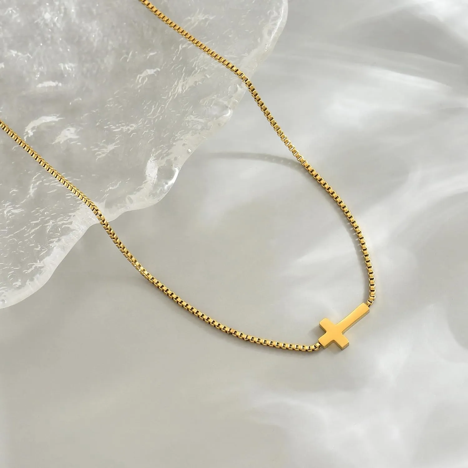Cross Necklace for Women 18K Gold Plated Dainty Tiny Sideways Cross Choker Necklace Adjustable Stainless Steel Trendy Faith Jewelry