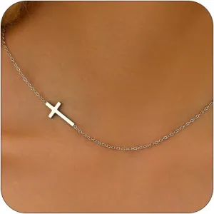 Cross Necklace for Women 18K Gold Plated Dainty Tiny Sideways Cross Choker Necklace Adjustable Stainless Steel Trendy Faith Jewelry