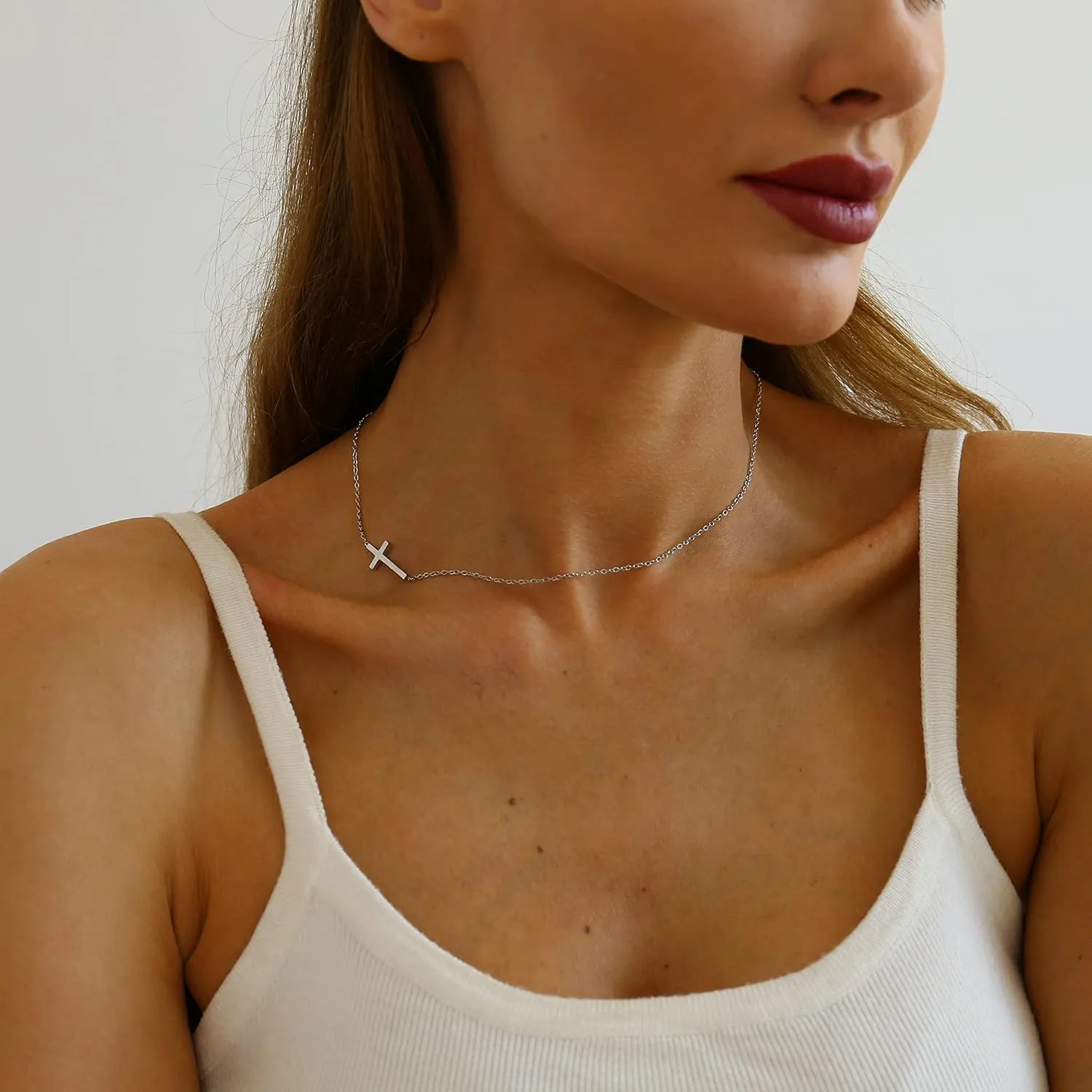 Cross Necklace for Women 18K Gold Plated Dainty Tiny Sideways Cross Choker Necklace Adjustable Stainless Steel Trendy Faith Jewelry