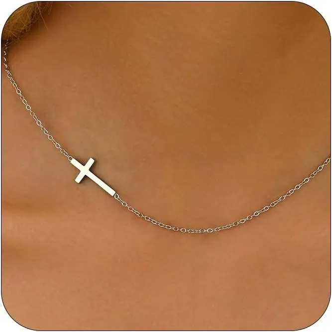 Cross Necklace for Women 18K Gold Plated Dainty Tiny Sideways Cross Choker Necklace Adjustable Stainless Steel Trendy Faith Jewelry