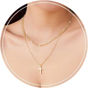 Cross Necklace for Women 18K Gold Plated Pearl Cross Necklace Layered Necklaces for Women Dainty Gold Choker Necklaces Simple Trendy Jewelry