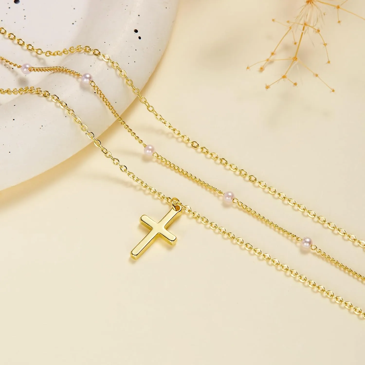 Cross Necklace for Women 18K Gold Plated Pearl Cross Necklace Layered Necklaces for Women Dainty Gold Choker Necklaces Simple Trendy Jewelry