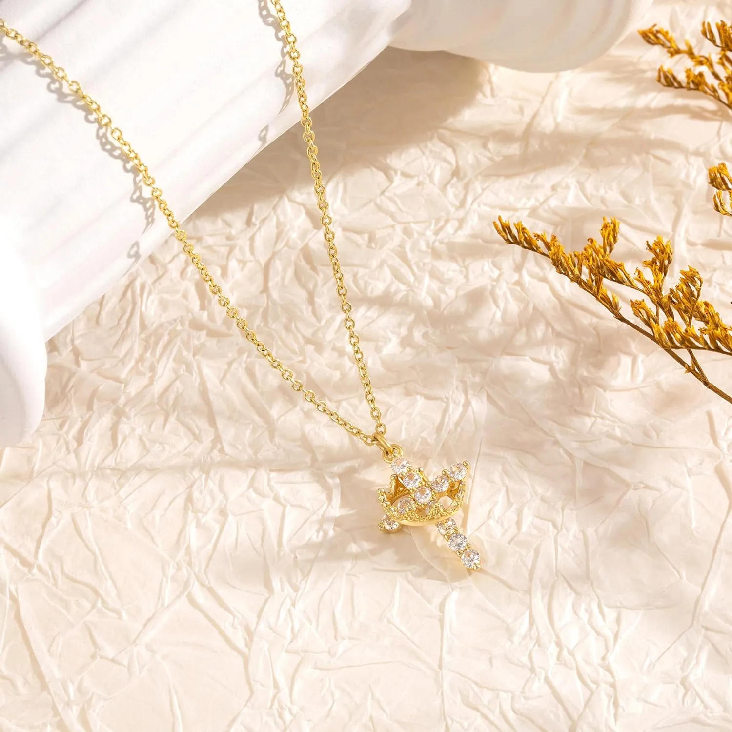 Cross Necklace for Women, Dainty Cross Necklace with Crown Trendy 14K Gold Plated Cubic Zirconia Pendant Necklaces Simple Cute Necklaces Women Jewelry