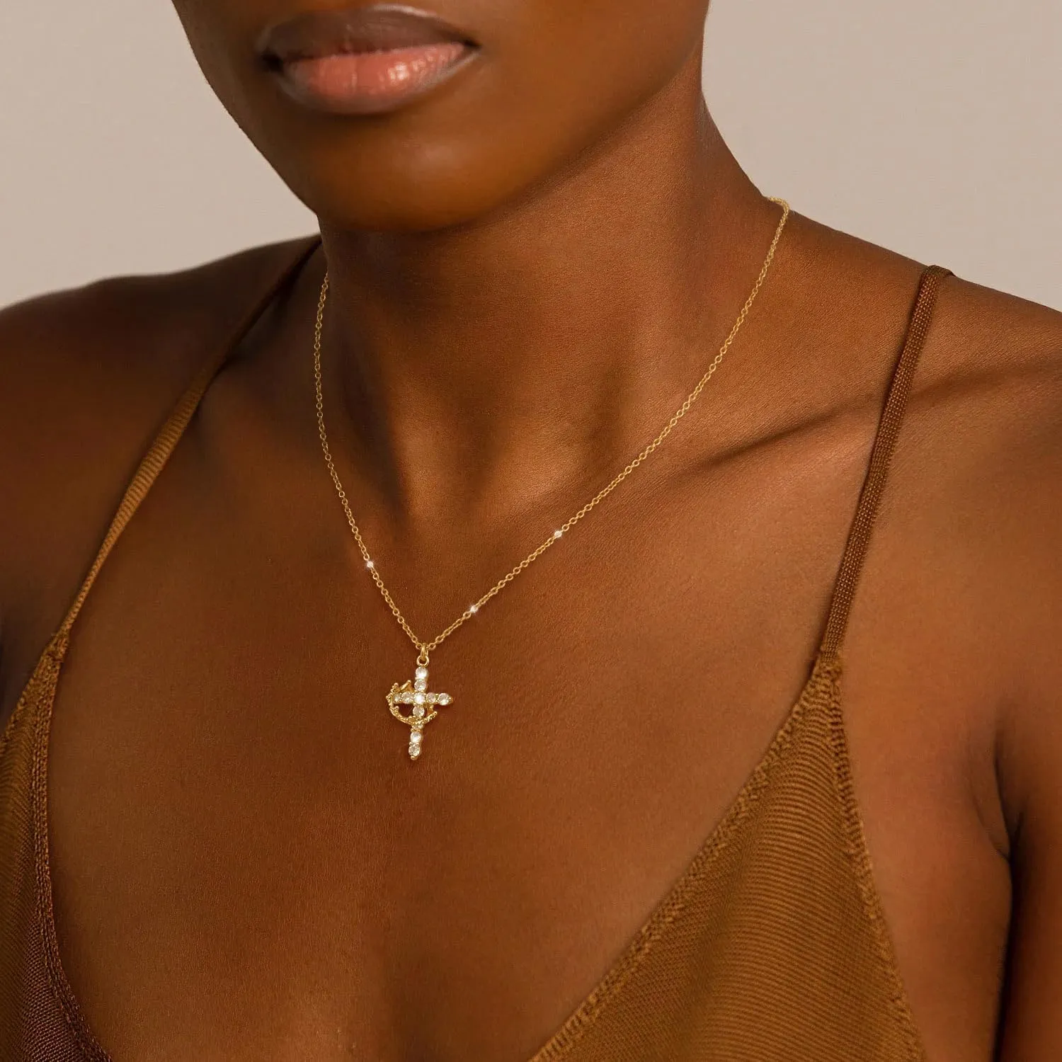 Cross Necklace for Women, Dainty Cross Necklace with Crown Trendy 14K Gold Plated Cubic Zirconia Pendant Necklaces Simple Cute Necklaces Women Jewelry