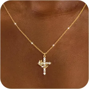 Cross Necklace for Women, Dainty Cross Necklace with Crown Trendy 14K Gold Plated Cubic Zirconia Pendant Necklaces Simple Cute Necklaces Women Jewelry