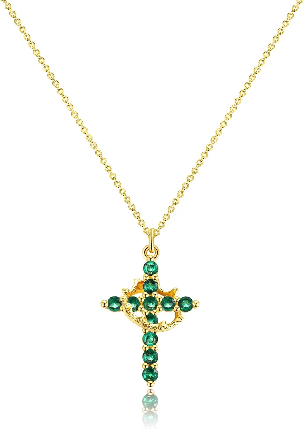 Cross Necklace for Women, Dainty Cross Necklace with Crown Trendy 14K Gold Plated Cubic Zirconia Pendant Necklaces Simple Cute Necklaces Women Jewelry
