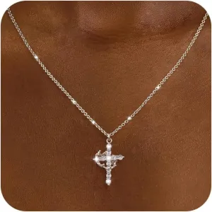 Cross Necklace for Women, Dainty Cross Necklace with Crown Trendy 14K Gold Plated Cubic Zirconia Pendant Necklaces Simple Cute Necklaces Women Jewelry