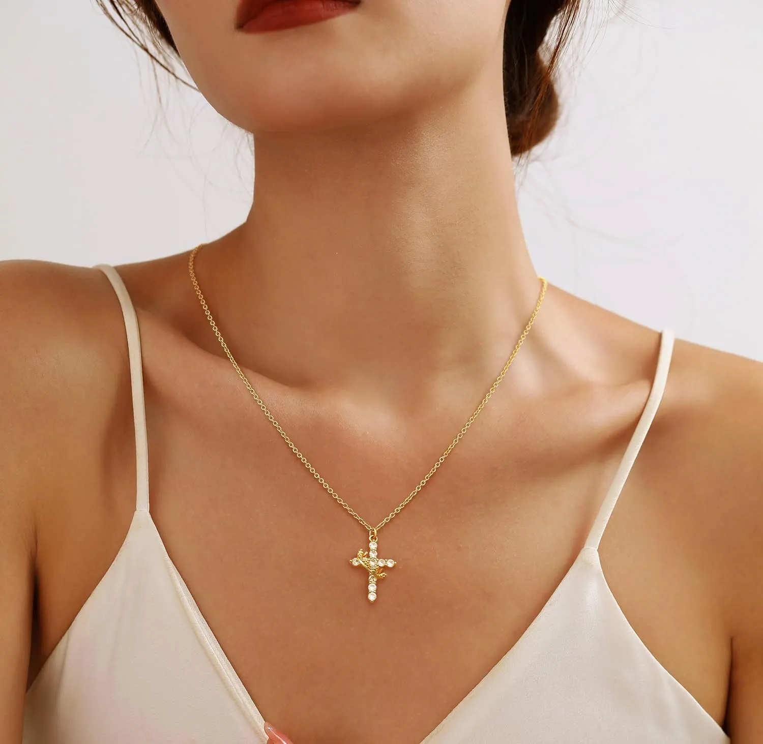 Cross Necklace for Women, Dainty Cross Necklace with Crown Trendy 14K Gold Plated Cubic Zirconia Pendant Necklaces Simple Cute Necklaces Women Jewelry
