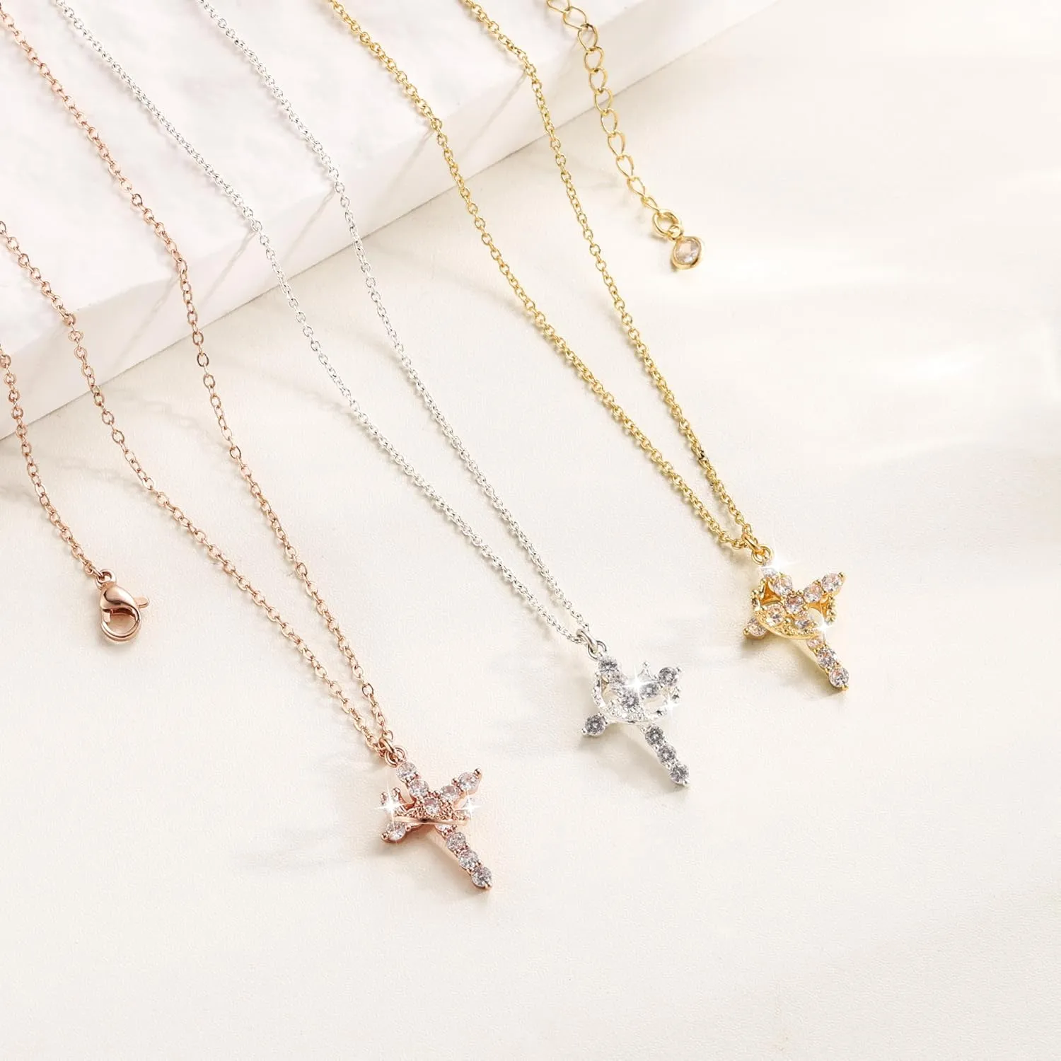 Cross Necklace for Women, Dainty Cross Necklace with Crown Trendy 14K Gold Plated Cubic Zirconia Pendant Necklaces Simple Cute Necklaces Women Jewelry