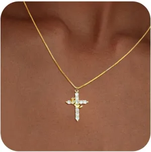 Cross Necklace for Women, Dainty Gold Necklace Cross 14k Gold Cross Necklaces for Women Trendy Diamond Crown Cross Choker Pendant Necklaces Religious Christian Baptism Faith Jewelry