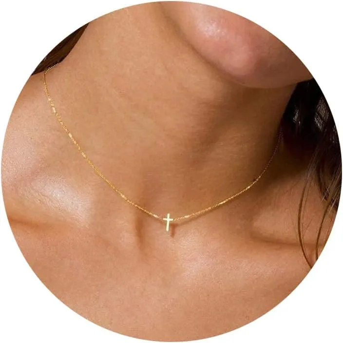 Cross Necklace for WomenDainty Gold Necklace 14k Gold Plated Small Cross Pendant Necklace Simple Gold Cross Necklaces for Women Cute Gold Cross Choker Necklaces Trendy Gold Jewelry Gifts