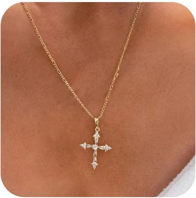 Cross Necklaces for Women, 14k Gold Plated Cross Necklace Cute Cross Peadant Necklace Simple Gold Choker Necklaces for Women Trendy Preppy Gold Jewelry