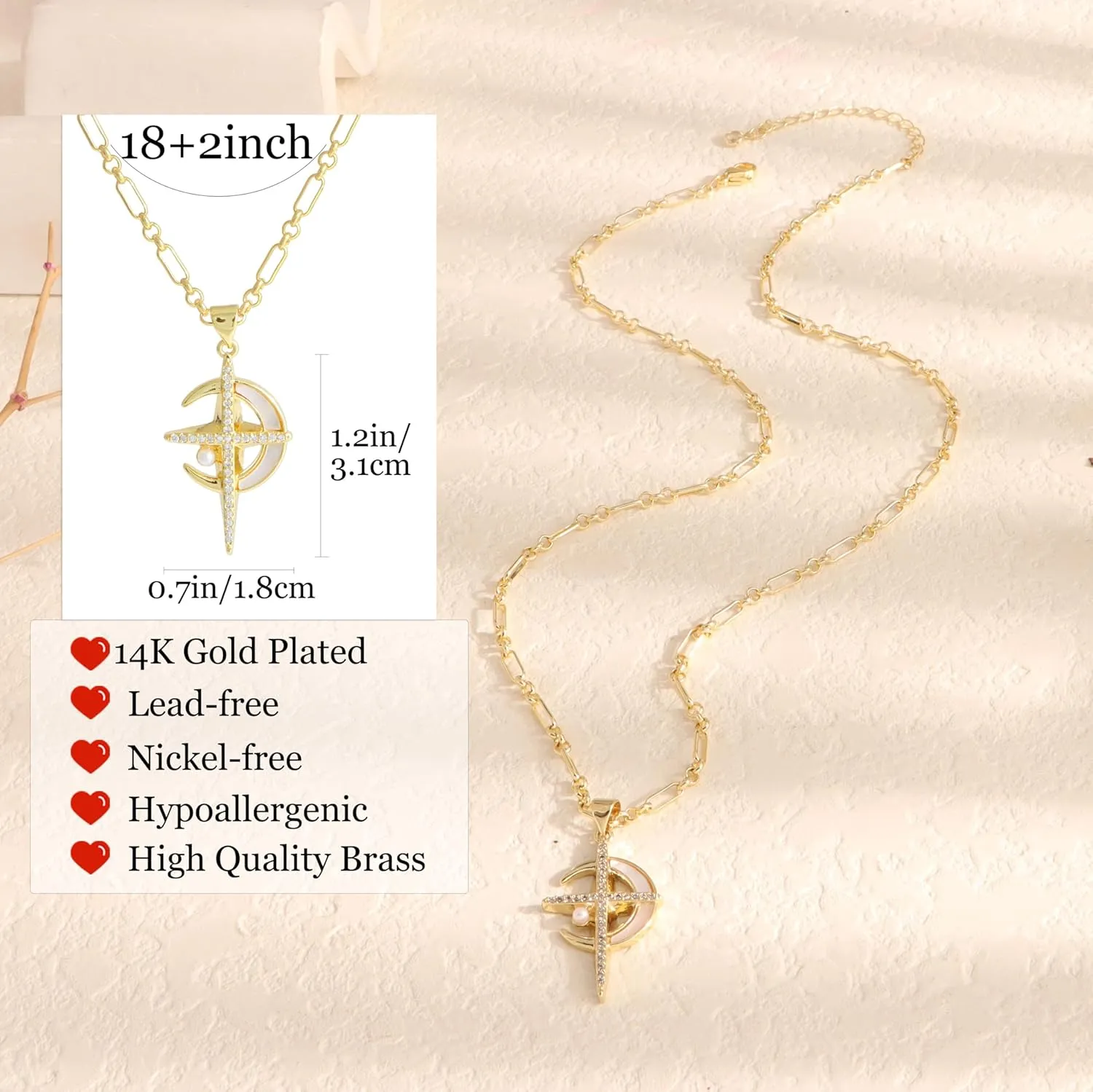 Cross Necklaces for Women 14k Gold Plated Paperclip Chain Charm Toggle Clasp Medallion Coin Cubic Zirconia Cross Pendant Fritillaria Moon Pearl Crucifix Cross Necklaces Gift Trendy Jewelry