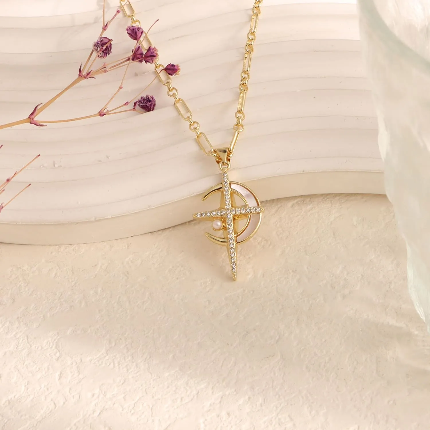 Cross Necklaces for Women 14k Gold Plated Paperclip Chain Charm Toggle Clasp Medallion Coin Cubic Zirconia Cross Pendant Fritillaria Moon Pearl Crucifix Cross Necklaces Gift Trendy Jewelry