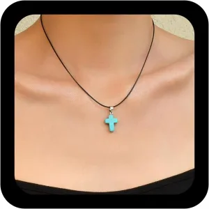 Cross Turquoise Pendant Necklace Chunky Cross Turquoise Necklace Vintage Turquoises Crucifix Collar Necklaces Black Leather Choker Necklaces Jewelry for Women