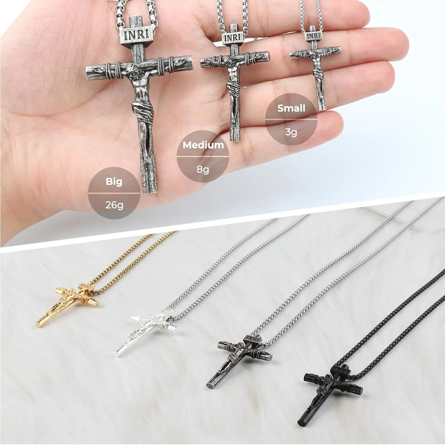 Crucifix Cross Necklace for Men and Women with Exquisite Jesus Pendant and Stainless Steel Chain 16-30 Inch