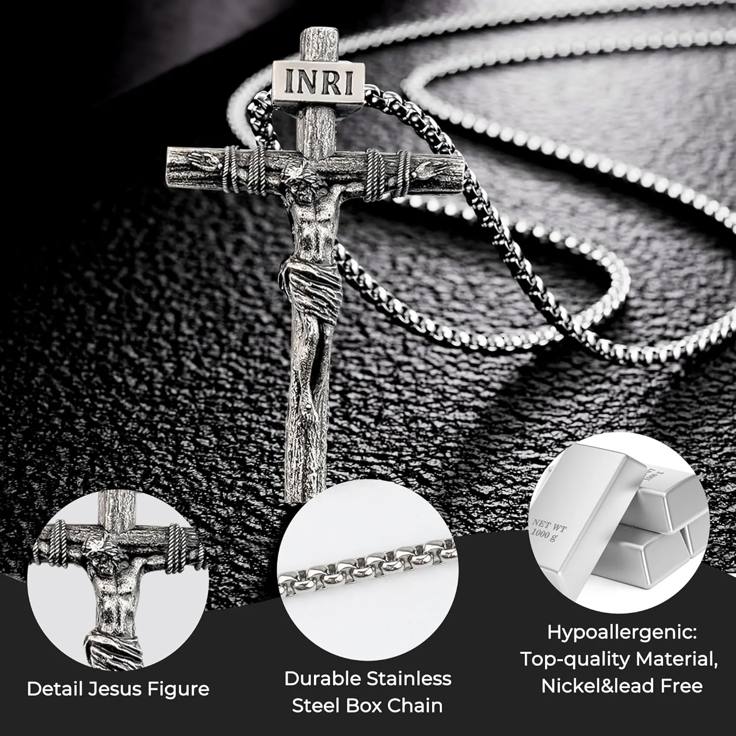 Crucifix Cross Necklace for Men and Women with Exquisite Jesus Pendant and Stainless Steel Chain 16-30 Inch