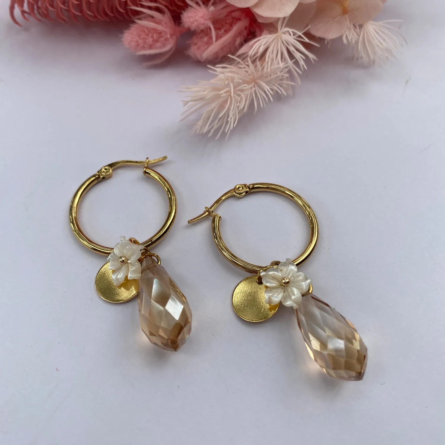 Crystal Tear Drop Yellow Gold Earrings
