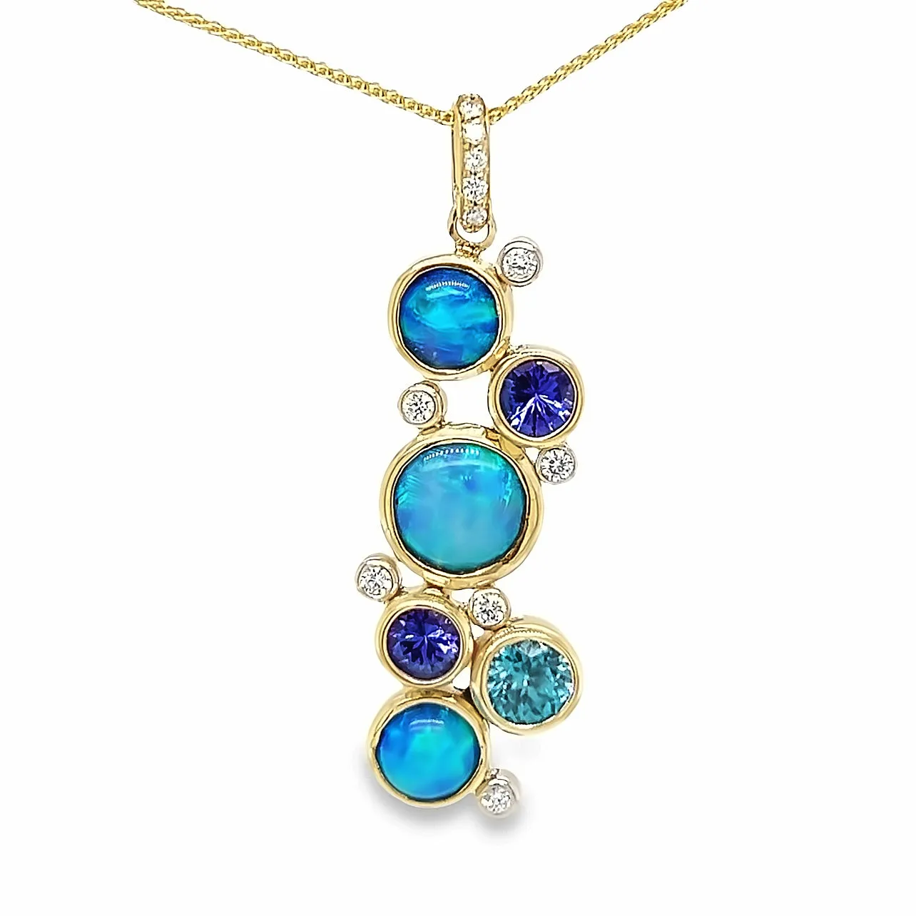Custom 14k Yellow Gold Opal, Tanzanite, Zircon and Diamond Pendant by Paul Richter