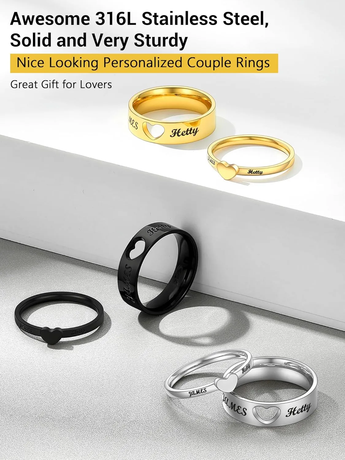 Custom Promise Rings for Couple, Gold Plated/Black Plated with 316L Stainless Steel Matching Rings, Engagement Wedding Bands for Him and Her, Come with Box