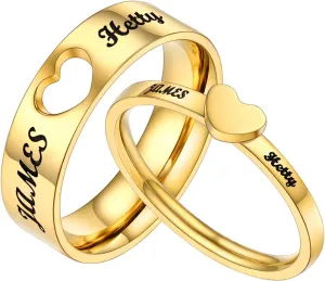 Custom Promise Rings for Couple, Gold Plated/Black Plated with 316L Stainless Steel Matching Rings, Engagement Wedding Bands for Him and Her, Come with Box